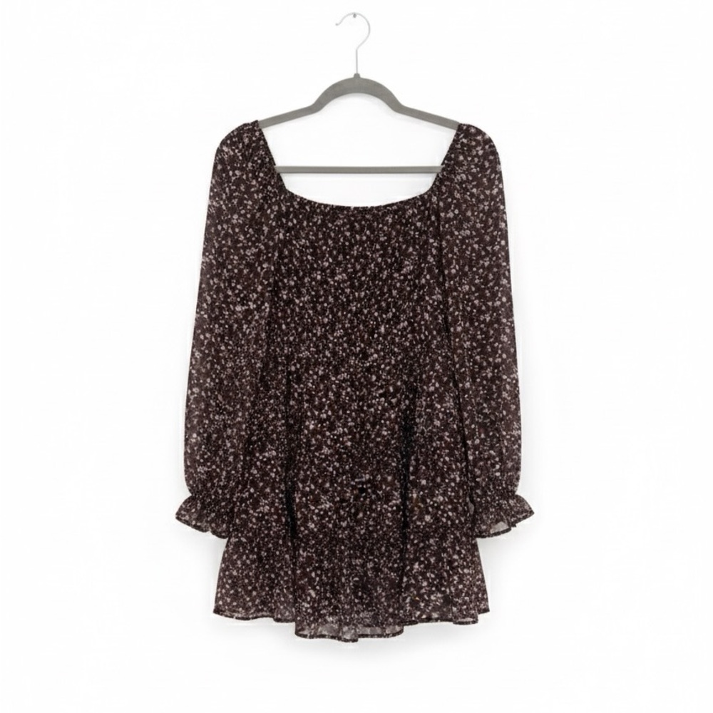 Edit By Nine Brown Floral Smocked Long Sleeve Boho Mini Dress Small